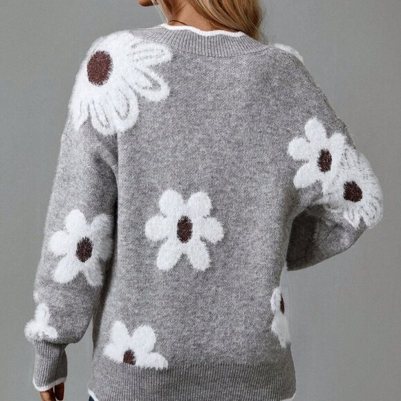 Grey Casual Women's Spring Floral Pattern Easter Family Sweater - Picture 2 of 5